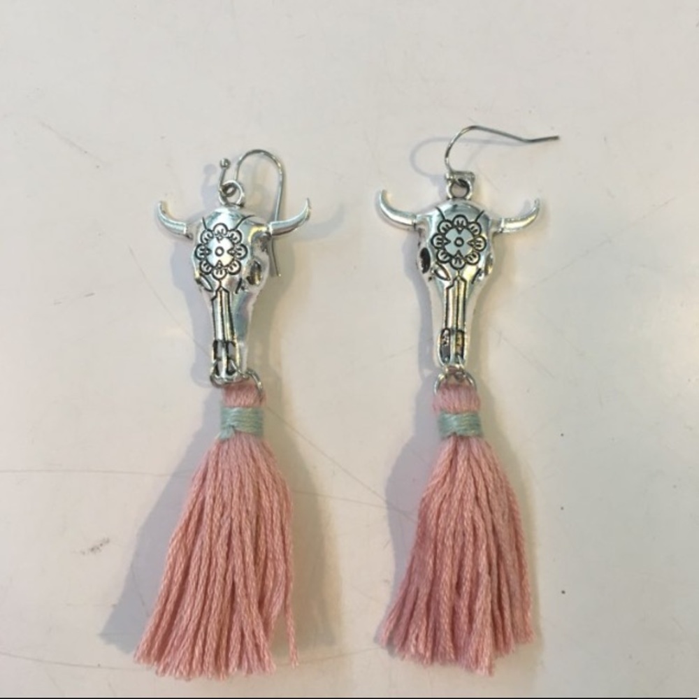 Cow Skull Tassel Boho Earrings Taurus - Picture 5 of 6